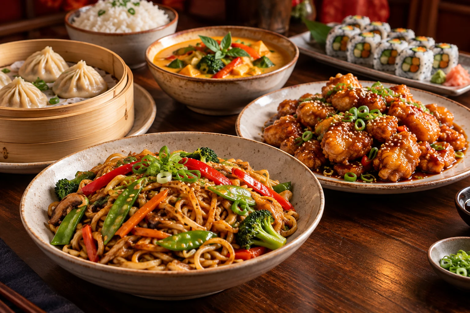 Illustrative spread of noodles, dumplings, curry, vegetables and rice